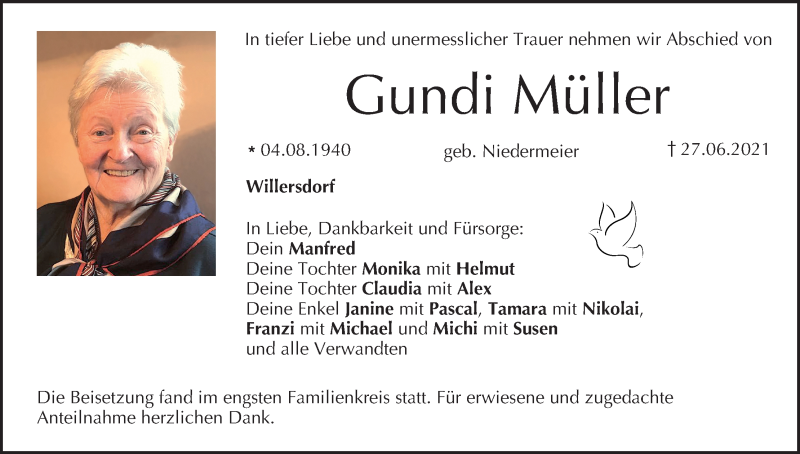  Traueranzeige für Gundi Müller vom 17.07.2021 aus MGO