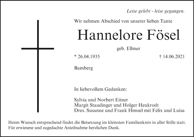  Traueranzeige für Hannelore Fösel vom 10.07.2021 aus MGO
