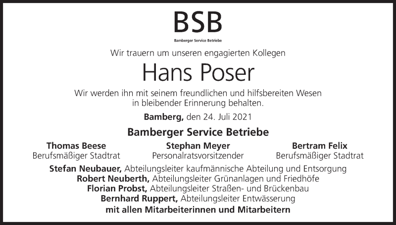  Traueranzeige für Hans Poser vom 24.07.2021 aus MGO