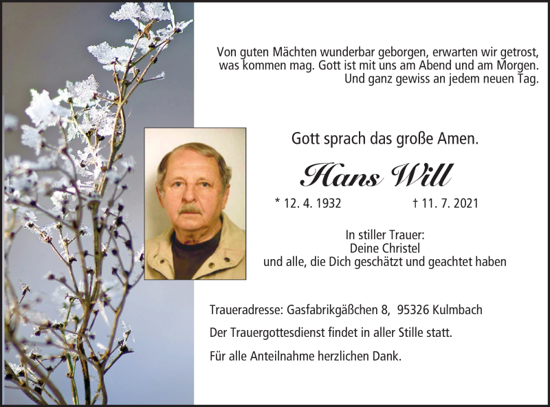  Traueranzeige für Hans Will vom 17.07.2021 aus MGO
