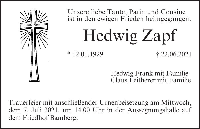  Traueranzeige für Hedwig Zapf vom 03.07.2021 aus MGO
