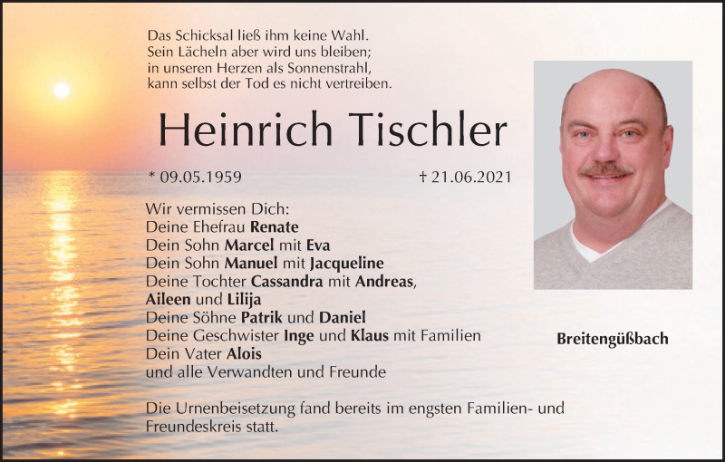  Traueranzeige für Heinrich Tischler vom 03.07.2021 aus MGO