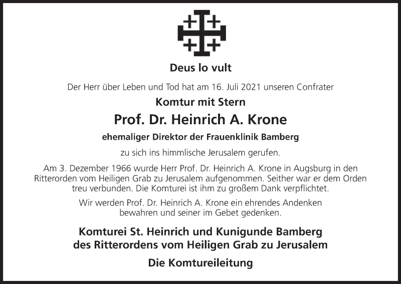  Traueranzeige für Heinrich A. Krone vom 21.07.2021 aus MGO