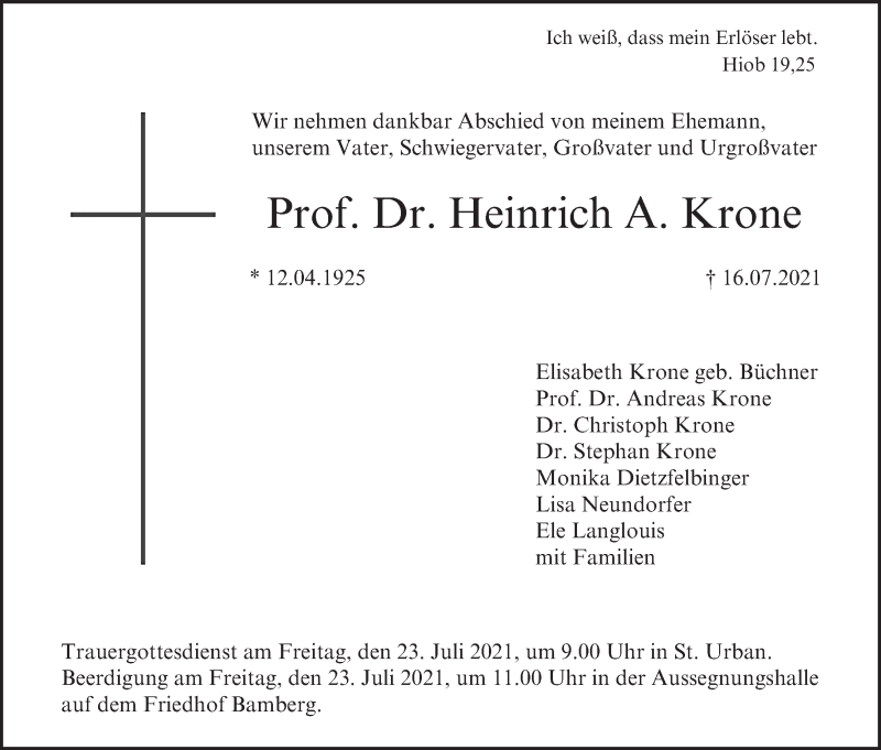  Traueranzeige für Heinrich A. Krone vom 21.07.2021 aus MGO