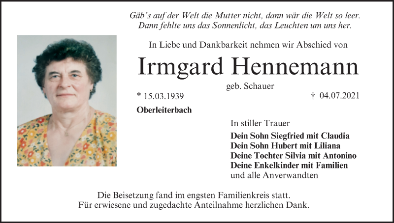  Traueranzeige für Irmgard Hennemann vom 10.07.2021 aus MGO