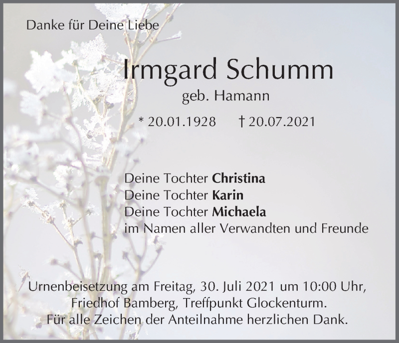  Traueranzeige für Irmgard Schumm vom 28.07.2021 aus MGO