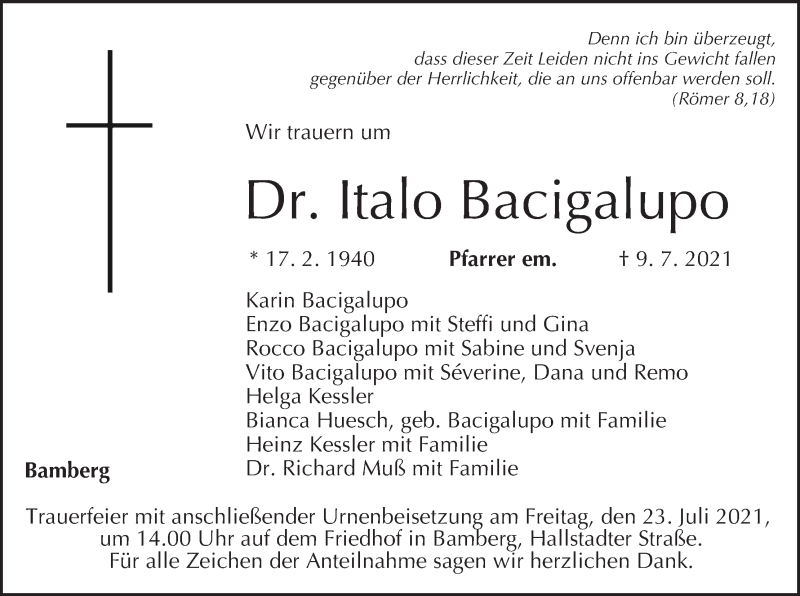  Traueranzeige für Italo Bacigalupo vom 20.07.2021 aus MGO