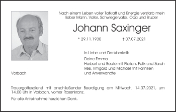 Anzeige von Johann Saxinger von MGO