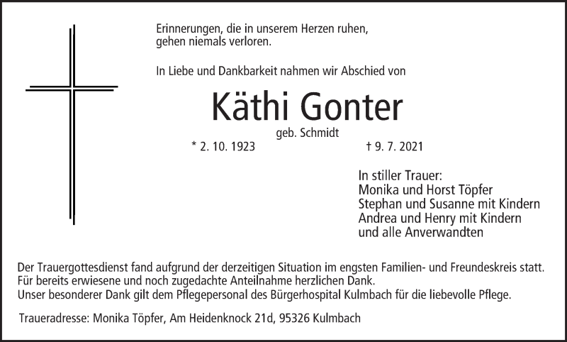  Traueranzeige für Käthi Gonter vom 17.07.2021 aus MGO