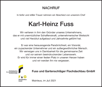 Anzeige von Karl-Heinz Fuss von MGO