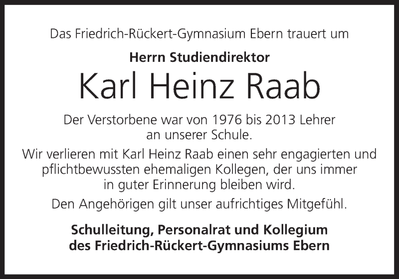  Traueranzeige für Karl Heinz Raab vom 01.07.2021 aus MGO