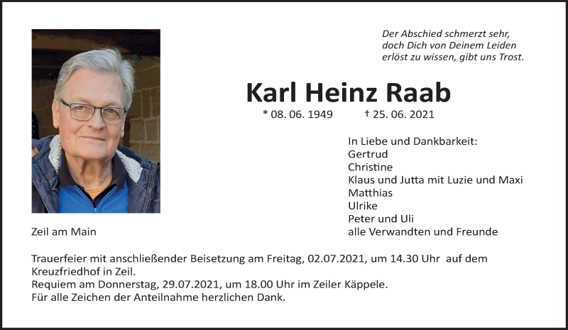  Traueranzeige für Karl Heinz Raab vom 30.06.2021 aus MGO