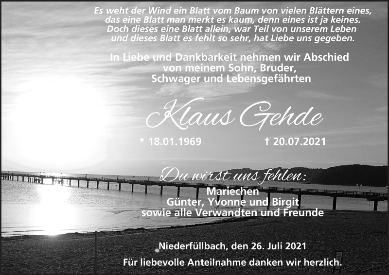  Traueranzeige für Klaus Gehde vom 26.07.2021 aus MGO