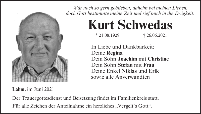  Traueranzeige für Kurt Schwedas vom 01.07.2021 aus MGO