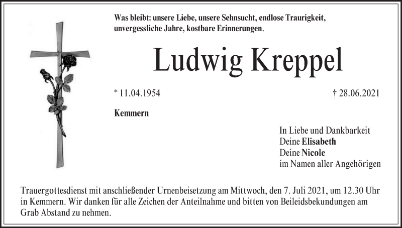  Traueranzeige für Ludwig Kreppel vom 03.07.2021 aus MGO