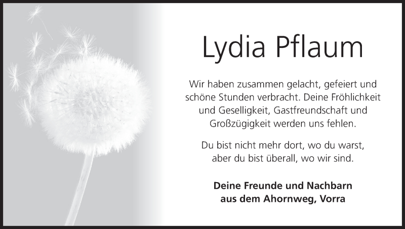  Traueranzeige für Lydia Pflaum vom 03.07.2021 aus MGO
