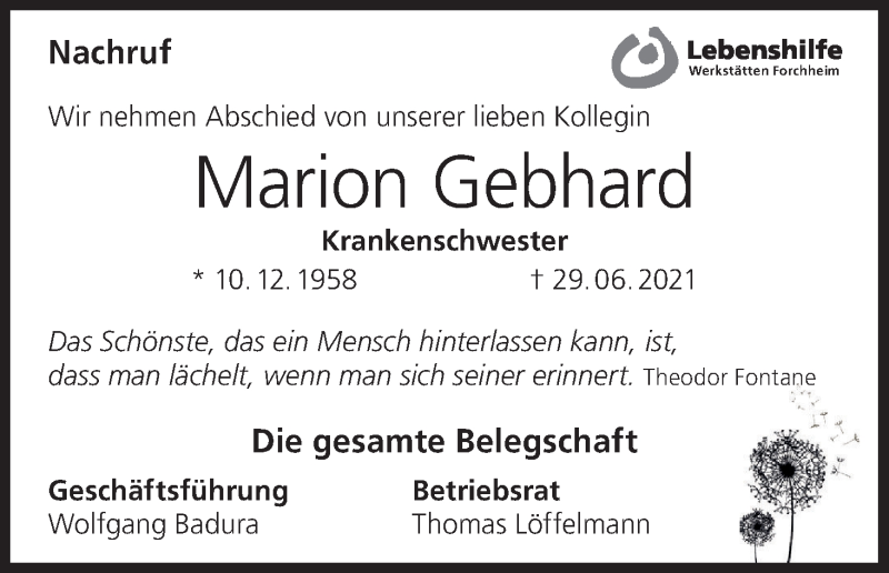  Traueranzeige für Marion Gebhard vom 10.07.2021 aus MGO