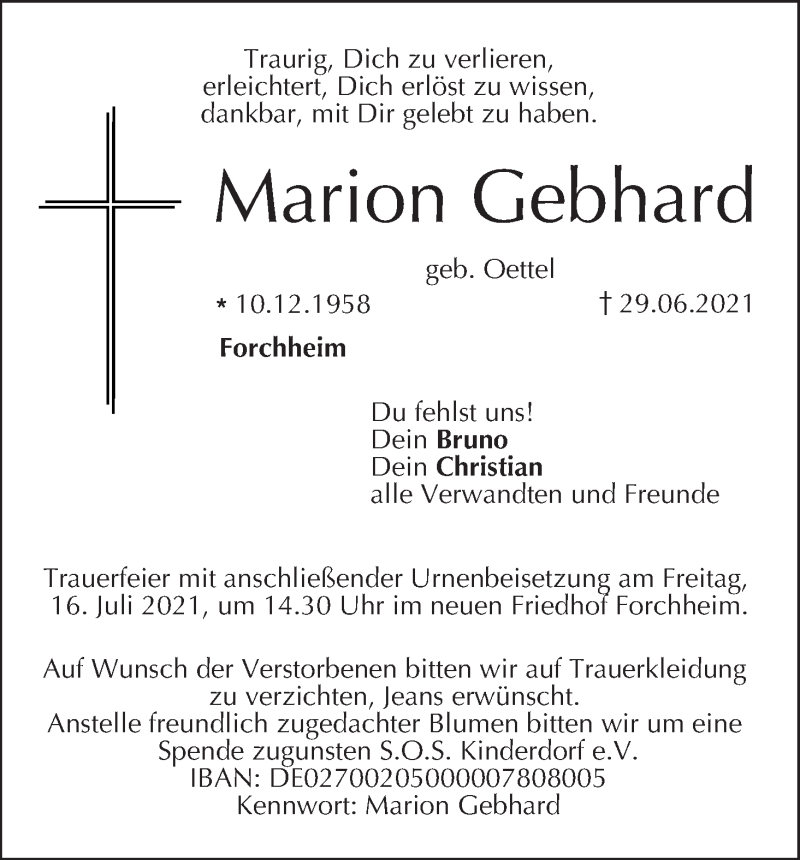  Traueranzeige für Marion Gebhard vom 10.07.2021 aus MGO