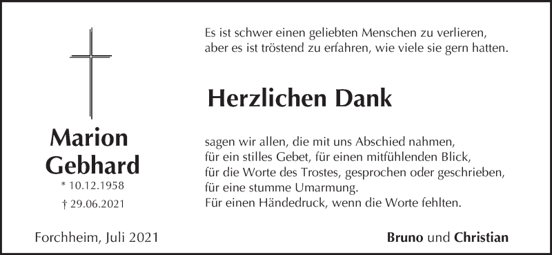 Traueranzeige für Marion Gebhard vom 24.07.2021 aus MGO