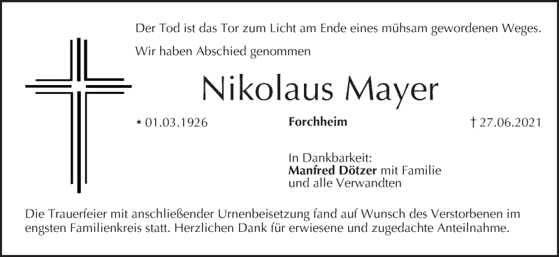  Traueranzeige für Nikolaus Mayer vom 17.07.2021 aus MGO