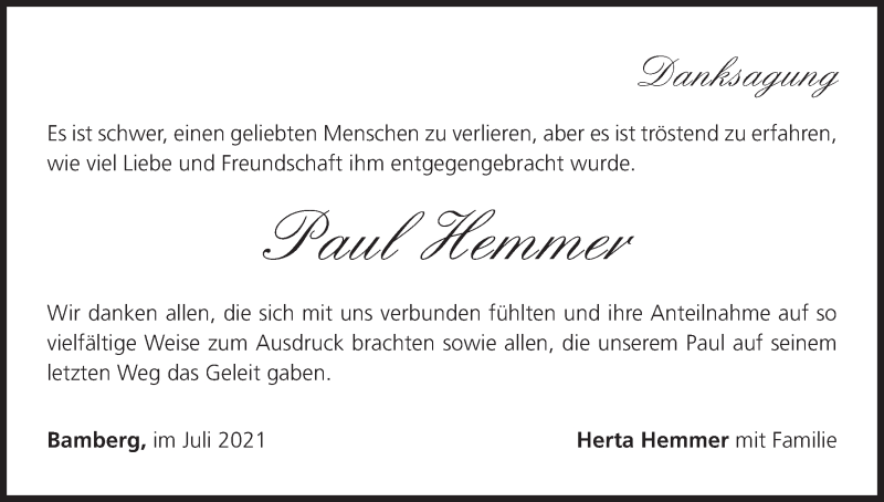  Traueranzeige für Paul Hemmer vom 17.07.2021 aus MGO