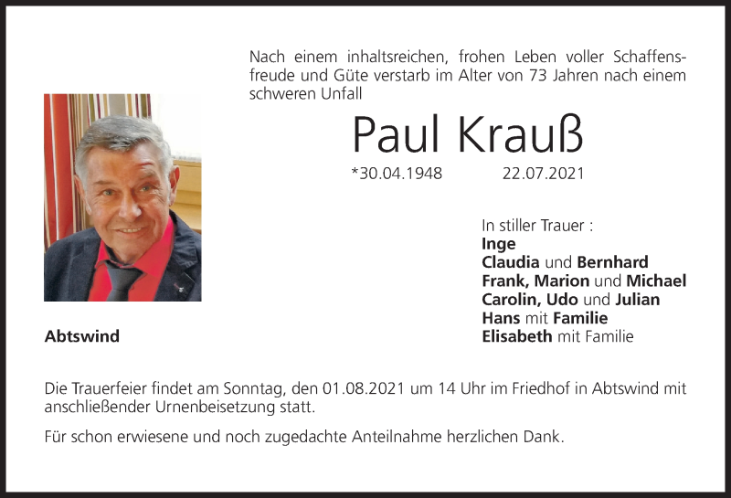  Traueranzeige für Paul Krauß vom 30.07.2021 aus MGO