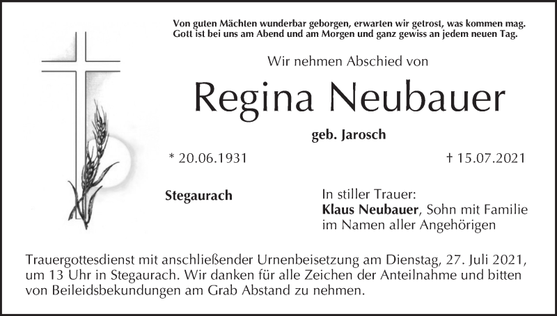  Traueranzeige für Regina Neubauer vom 24.07.2021 aus MGO