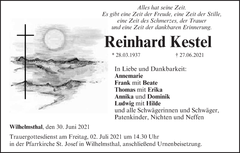  Traueranzeige für Reinhard Kestel vom 30.06.2021 aus MGO