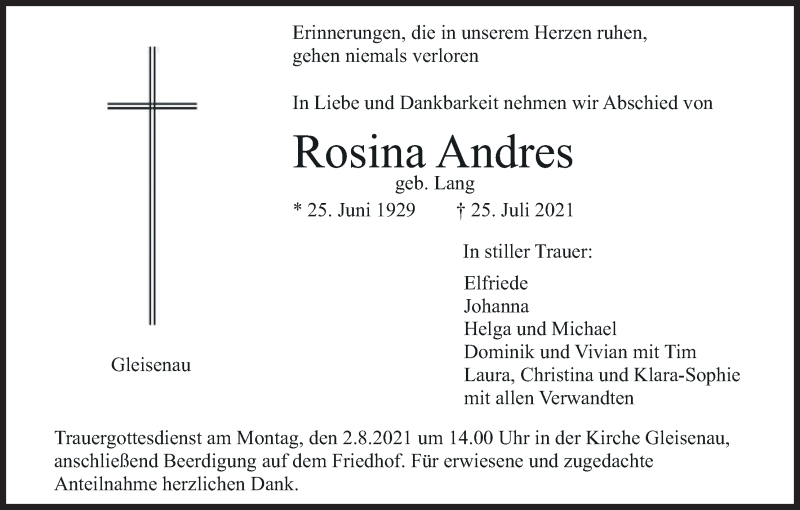  Traueranzeige für Rosina Andres vom 29.07.2021 aus MGO