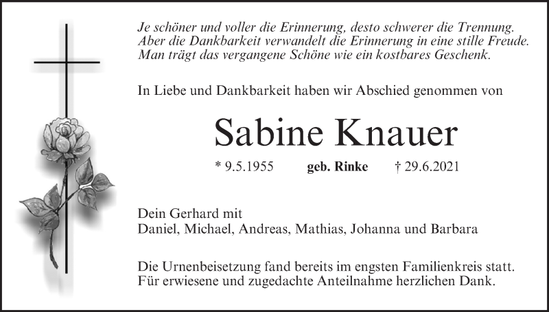  Traueranzeige für Sabine Knauer vom 24.07.2021 aus MGO