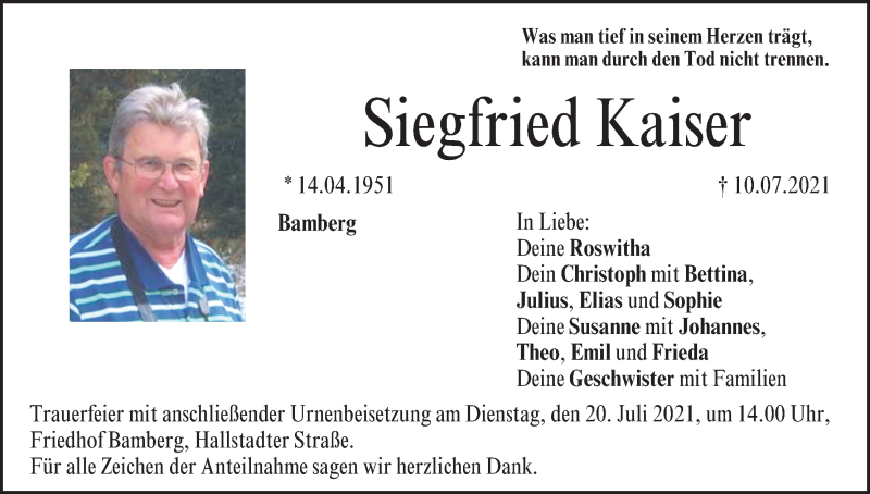  Traueranzeige für Siegfried Kaiser vom 14.07.2021 aus MGO