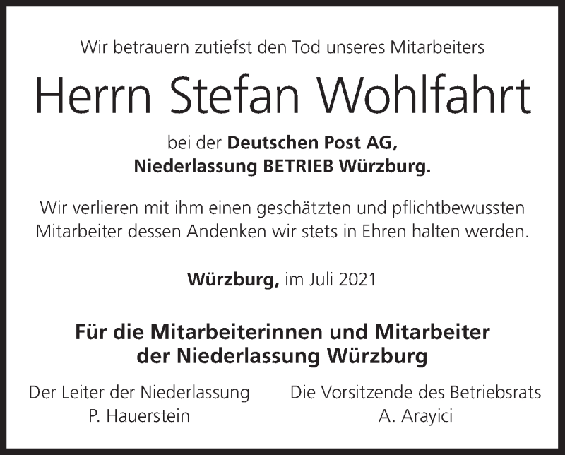  Traueranzeige für Stefan Wohlfahrt vom 29.07.2021 aus MGO