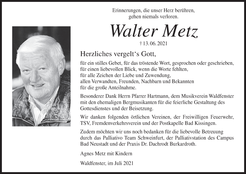  Traueranzeige für Walter Metz vom 10.07.2021 aus MGO
