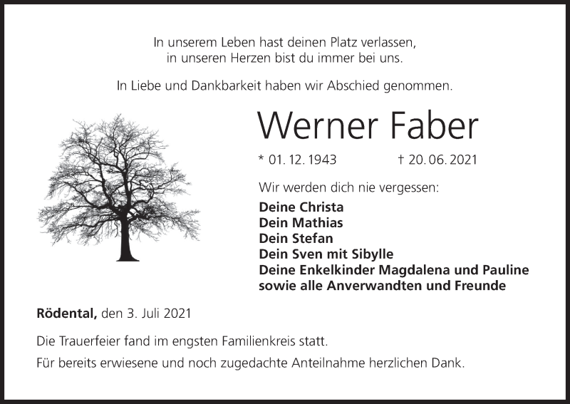  Traueranzeige für Werner Faber vom 03.07.2021 aus MGO