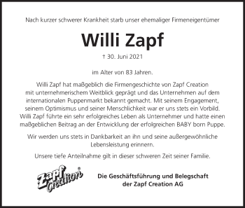 Anzeige von Willi Zapf von MGO