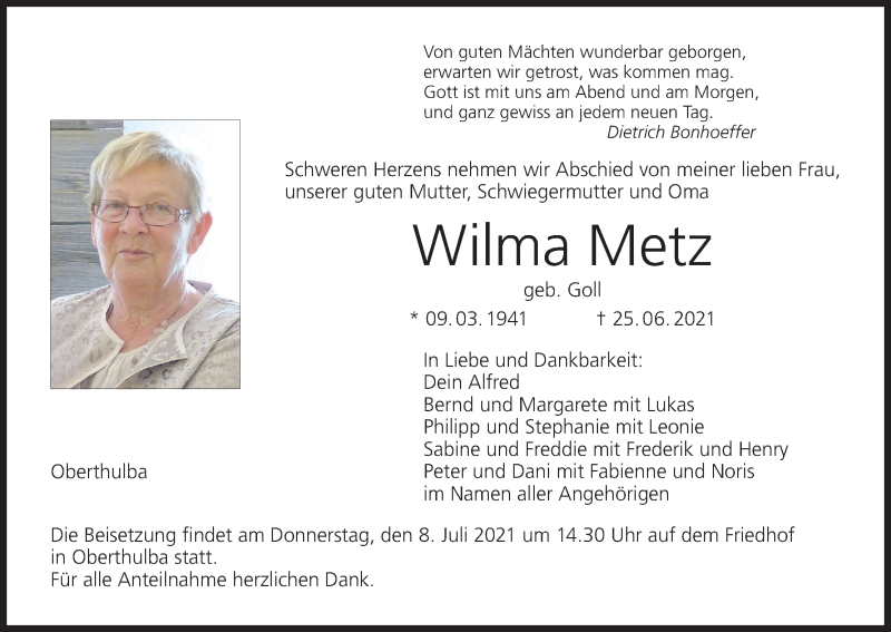  Traueranzeige für Wilma Metz vom 03.07.2021 aus MGO