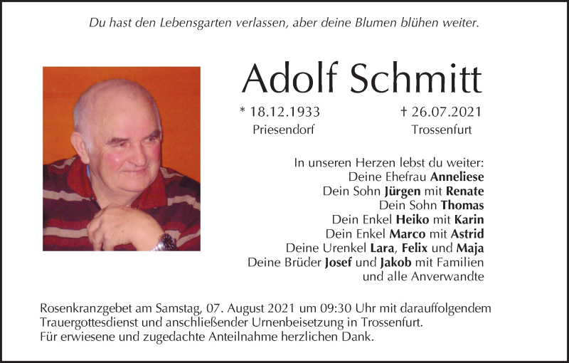  Traueranzeige für Adolf Schmitt vom 31.07.2021 aus MGO