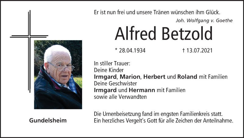  Traueranzeige für Alfred Betzold vom 31.07.2021 aus MGO