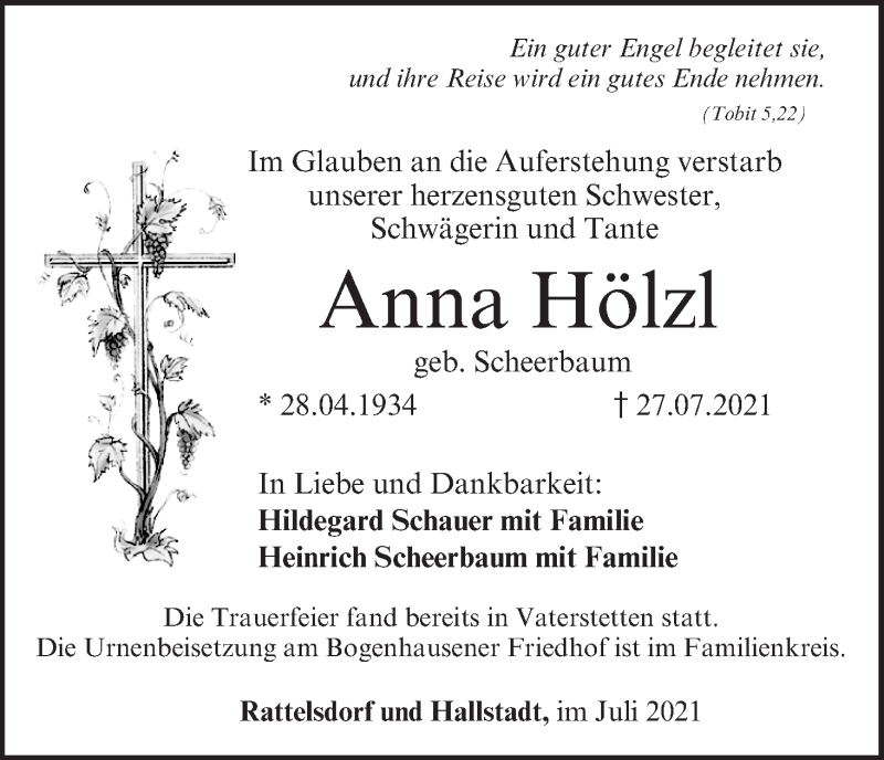  Traueranzeige für Anna Hölzl vom 07.08.2021 aus MGO