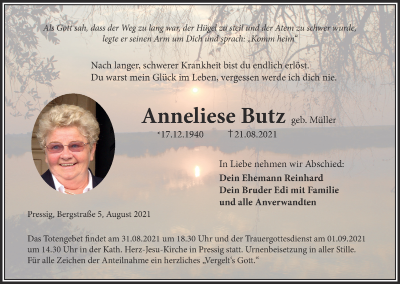  Traueranzeige für Anneliese Butz vom 28.08.2021 aus MGO