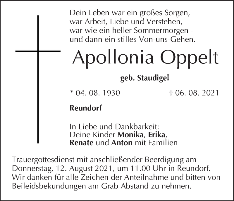  Traueranzeige für Apollonia Oppelt vom 10.08.2021 aus MGO
