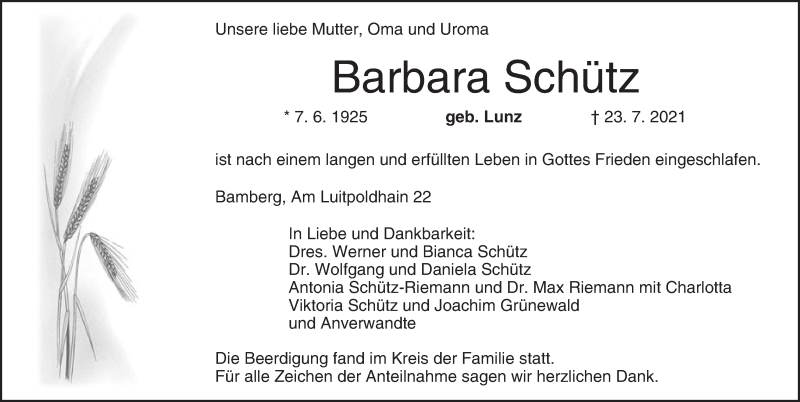  Traueranzeige für Barbara Schütz vom 31.07.2021 aus MGO