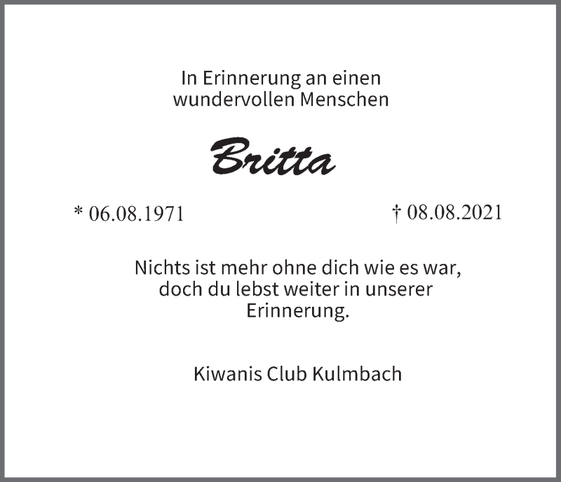  Traueranzeige für Britta Hansmann vom 28.08.2021 aus MGO