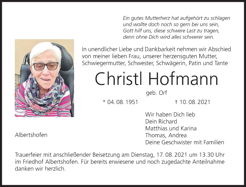  Traueranzeige für Christi Hofmann vom 14.08.2021 aus MGO