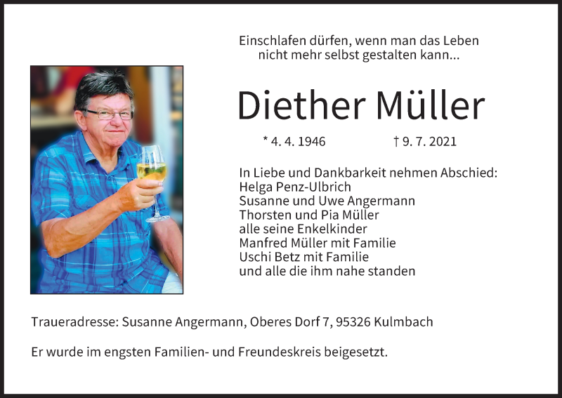  Traueranzeige für Diether Müller vom 31.07.2021 aus MGO