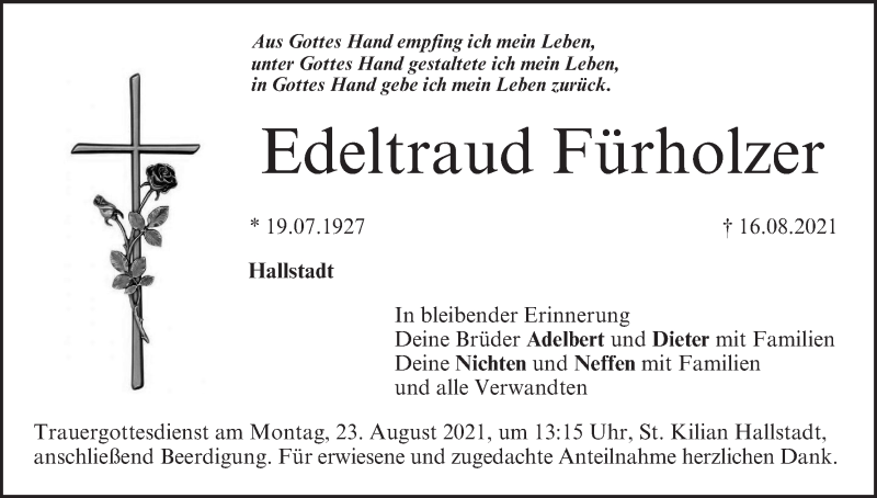  Traueranzeige für Edeltraud Fürholzer vom 20.08.2021 aus MGO