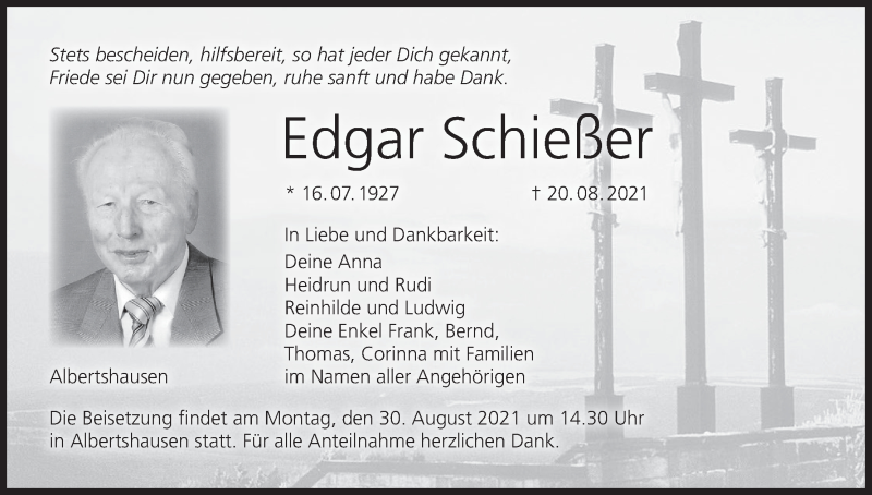  Traueranzeige für Edgar Schießer vom 27.08.2021 aus MGO