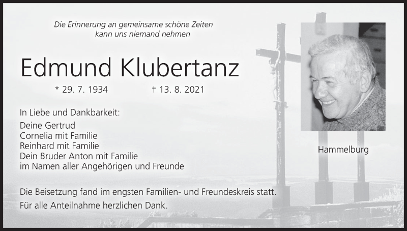  Traueranzeige für Edmund Klubertanz vom 21.08.2021 aus MGO
