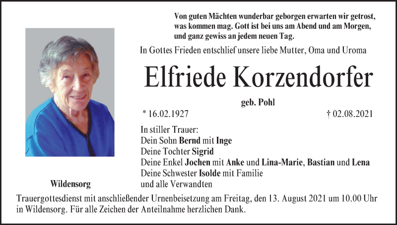  Traueranzeige für Elfriede Korzendorfer vom 07.08.2021 aus MGO