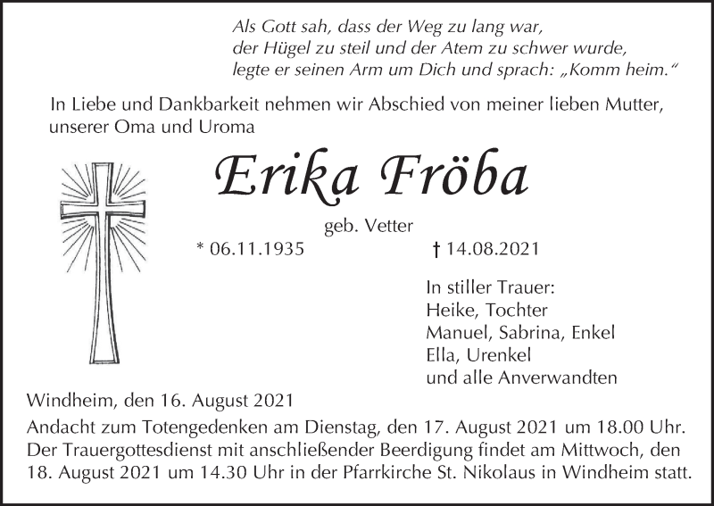  Traueranzeige für Erika Fröba vom 16.08.2021 aus MGO